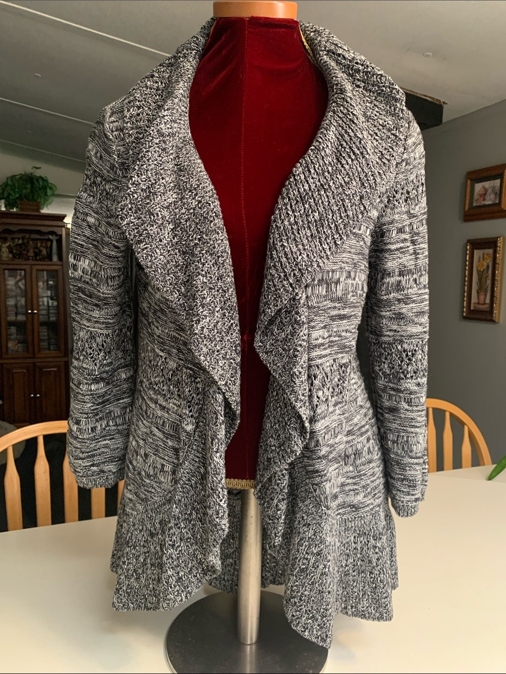 Style & Co. Black and White Marled Open-Front Waterfall Cardigan